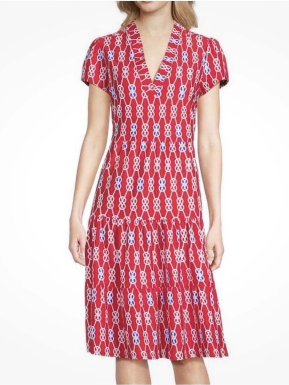 Jude Connally Red Chain-Print V-Neck Tiered Midi Dress XS